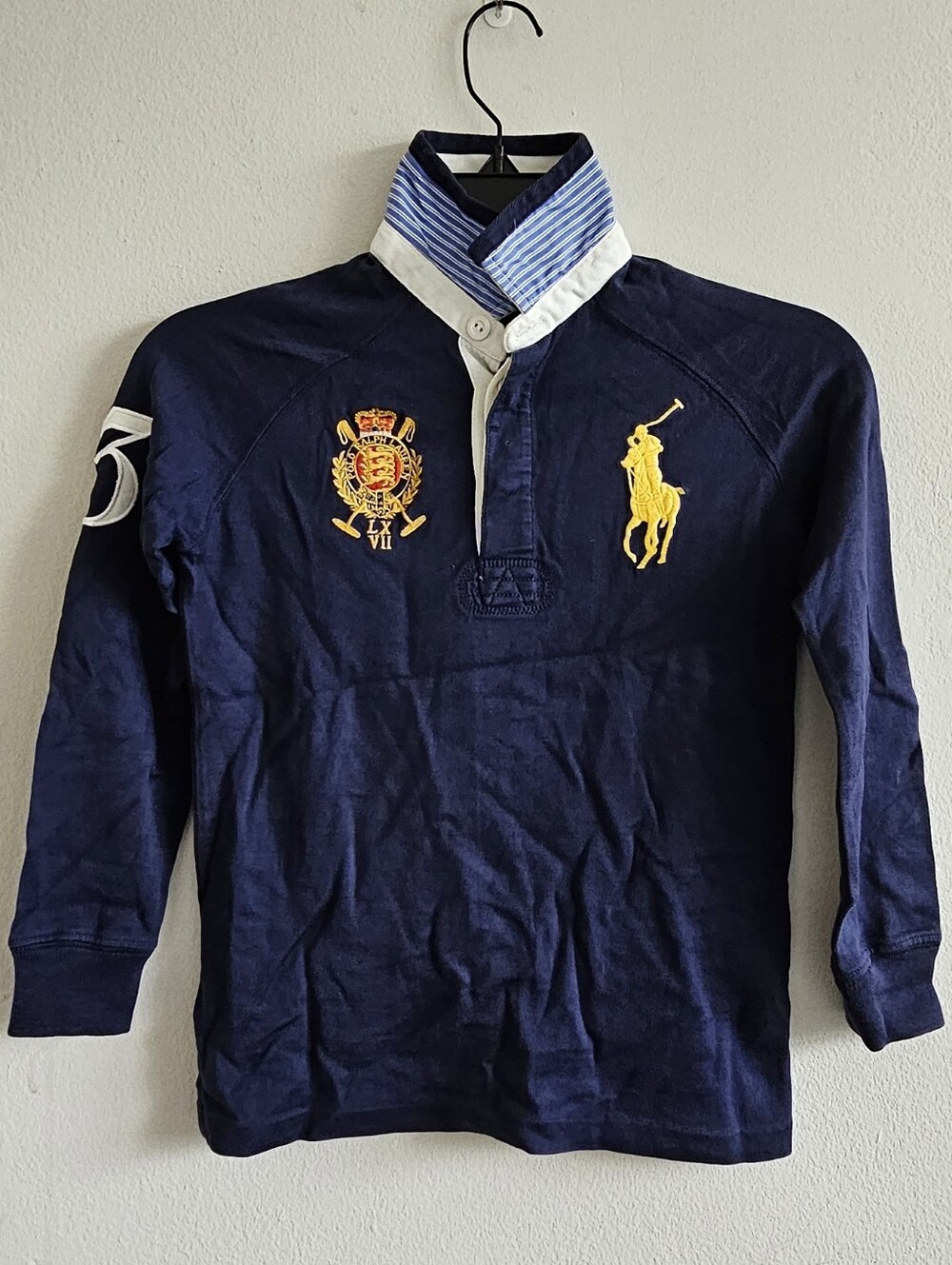 Polo Ralph Lauren Navy Rugby Shirt with Yellow Pony 100% Pima Cotton Size 6